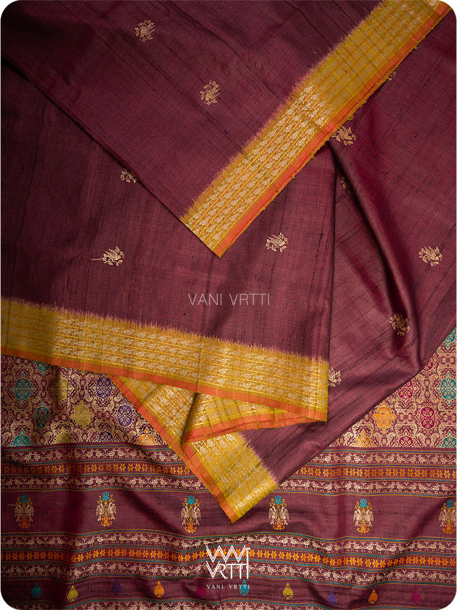 Deep Coffee Olive Green Nightingale Master Weave Exclusive Handspun Tussar Silk Saree