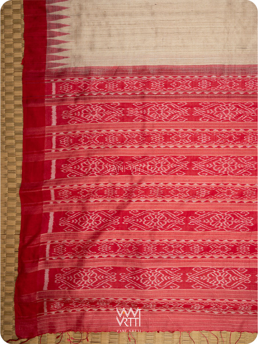 Off White Red Ikat Traditional Gopalpur Handspun Tussar Silk Saree