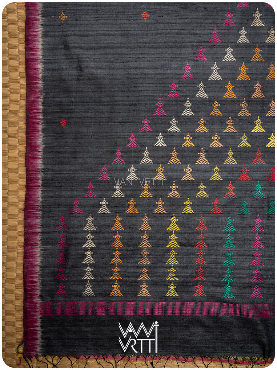 Slate Black Deomali Kondha Handspun Tussar Silk Sari