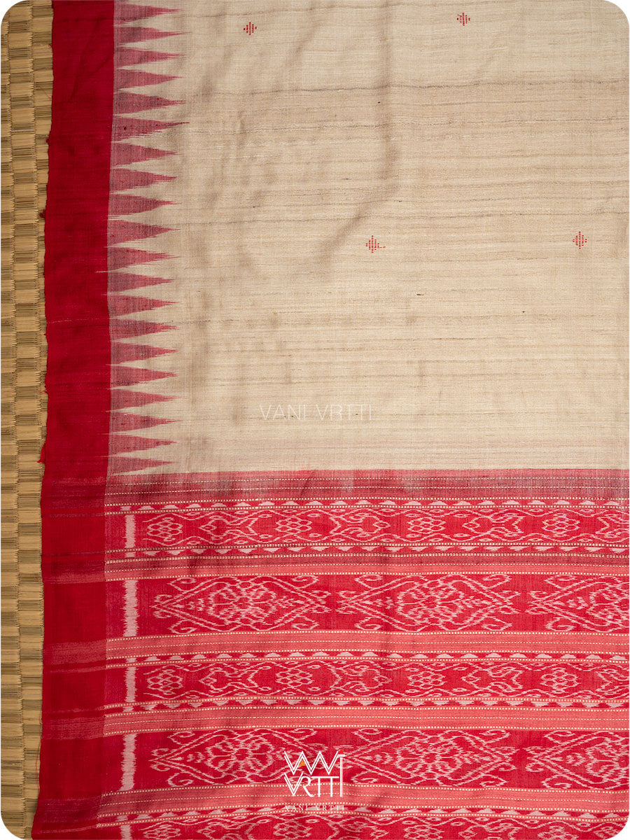 Off White Red Ikat Traditional Gopalpur Handspun Tussar Silk Saree