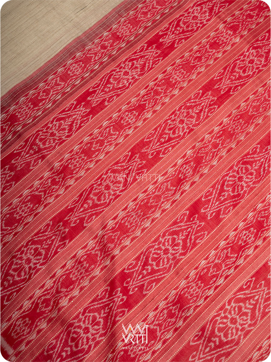 Off White Red Ikat Traditional Gopalpur Handspun Tussar Silk Saree