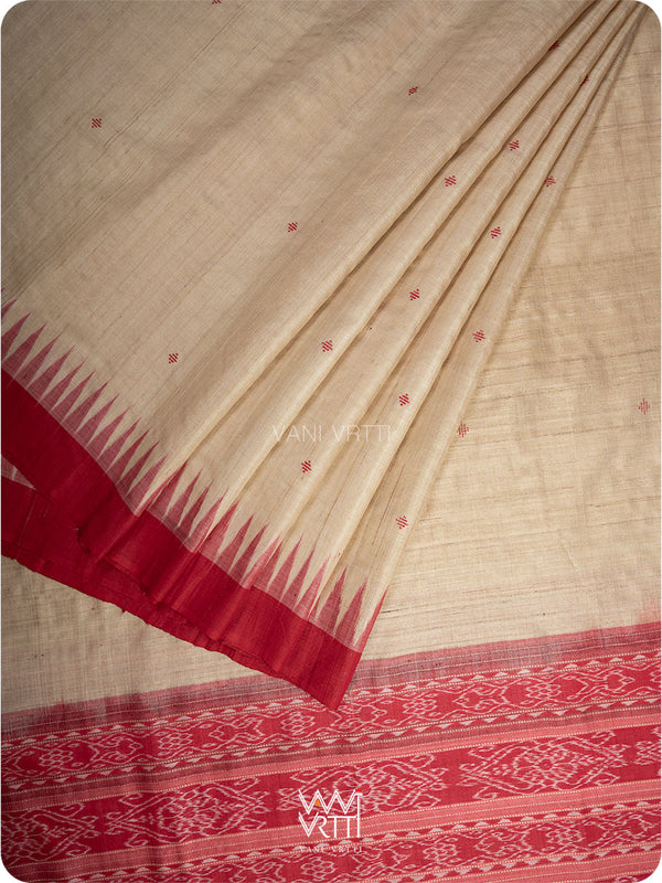 Off White Red Ikat Traditional Gopalpur Handspun Tussar Silk Saree