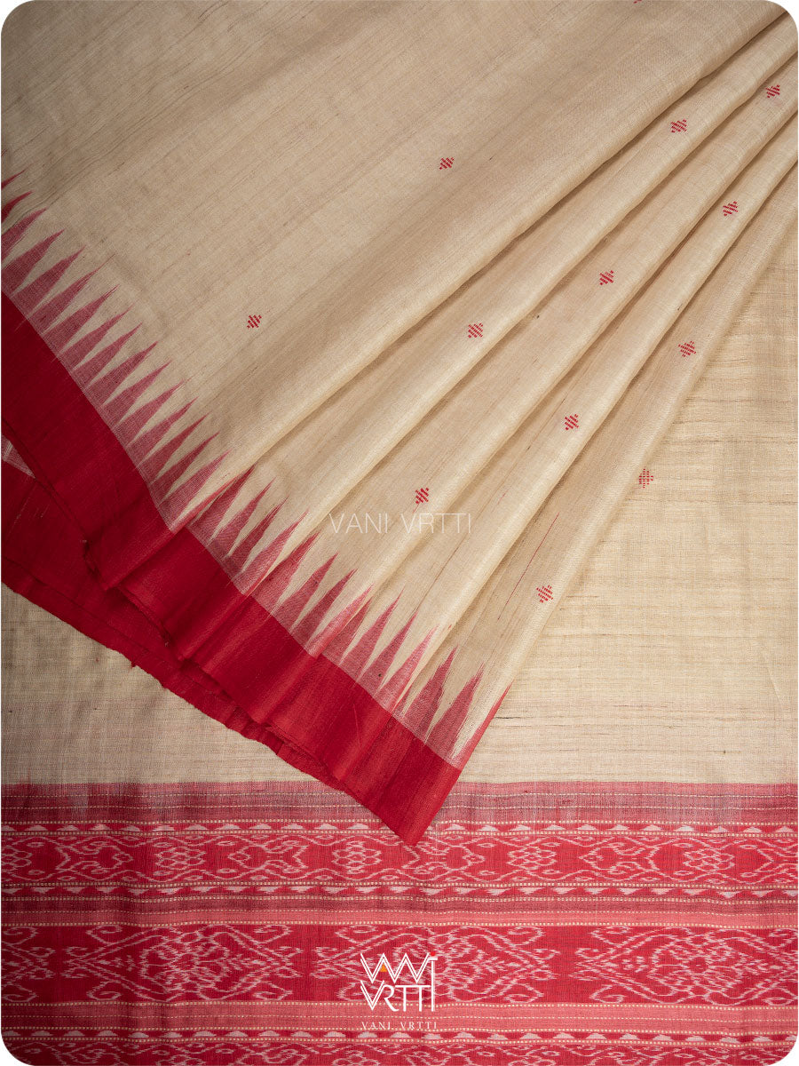 Off White Red Ikat Traditional Gopalpur Handspun Tussar Silk Saree