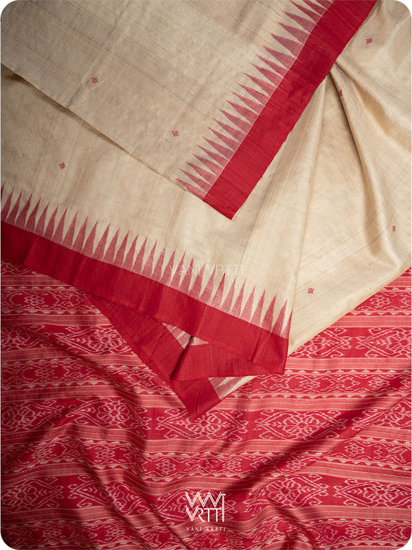 Off White Red Ikat Traditional Gopalpur Handspun Tussar Silk Saree