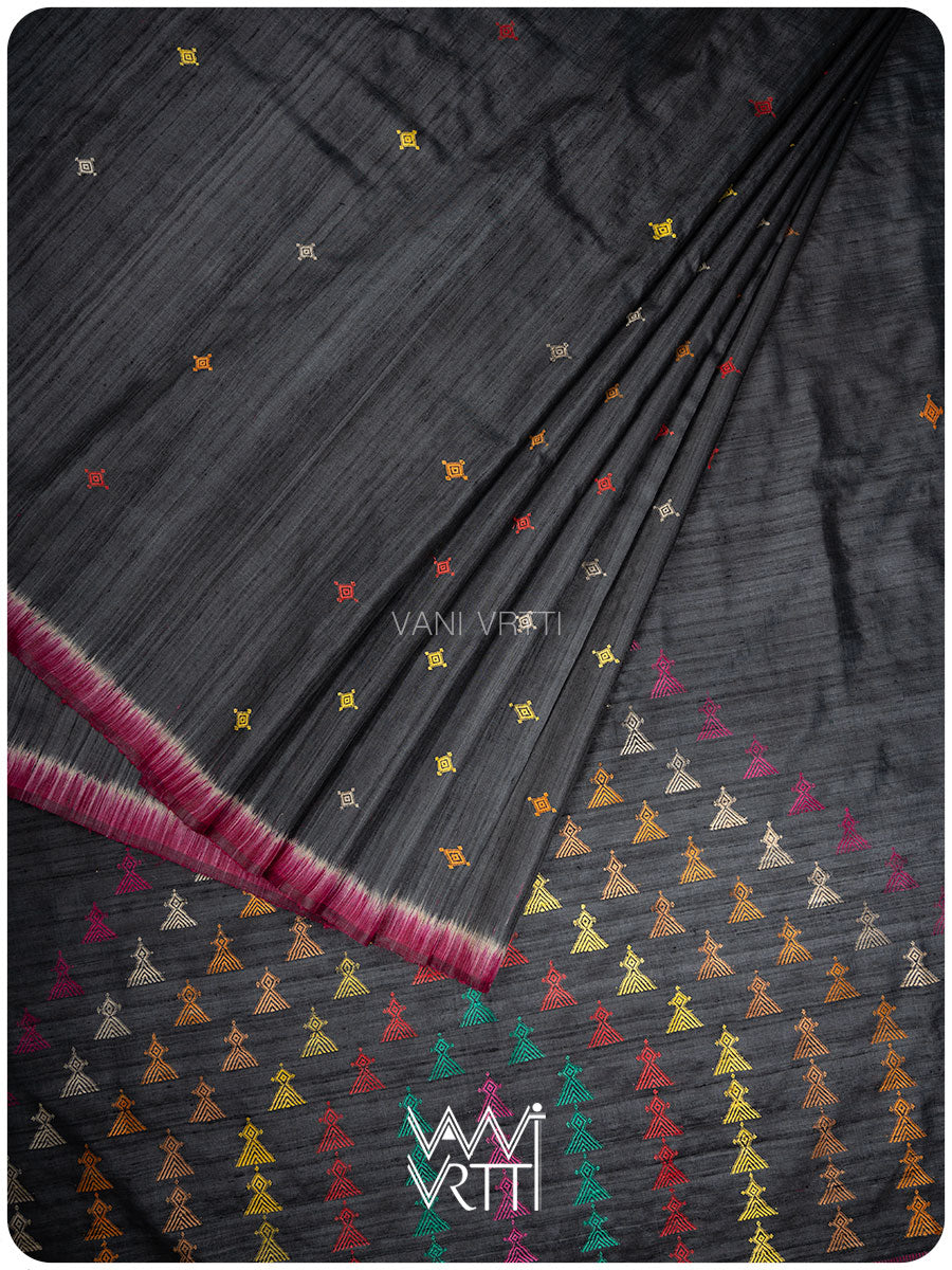 Slate Black Deomali Kondha Handspun Tussar Silk Sari