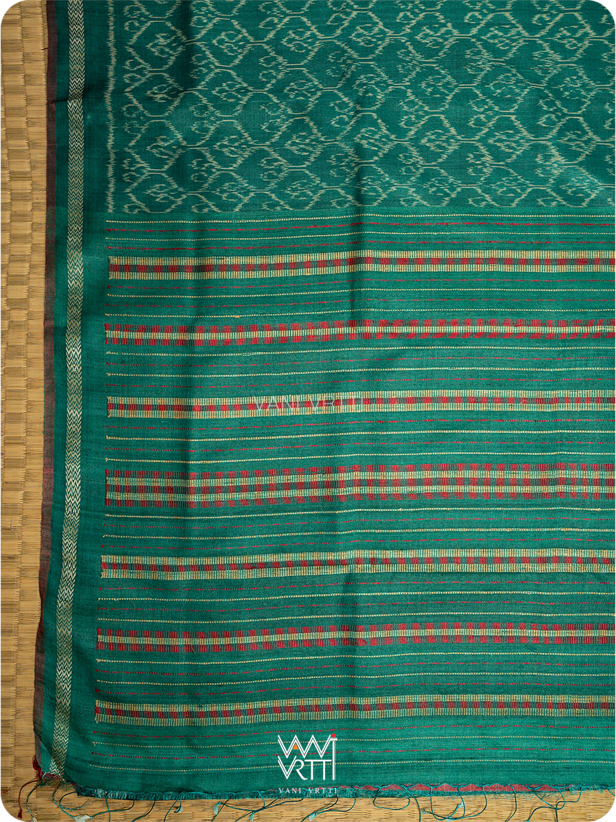 Emerald Green HoneyComb Ikat Handspun Tussar Silk Saree