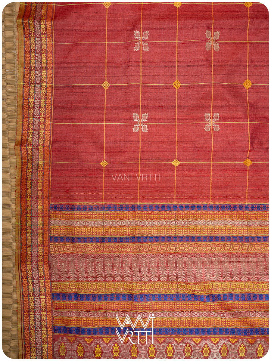 Ruby Red Matsya Kachhap Handspun Tussar Silk Saree