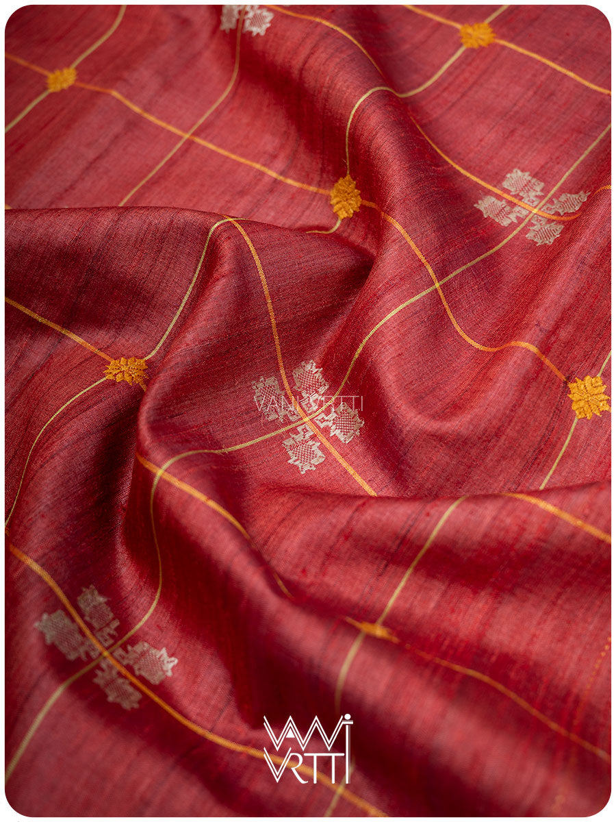 Ruby Red Matsya Kachhap Handspun Tussar Silk Saree