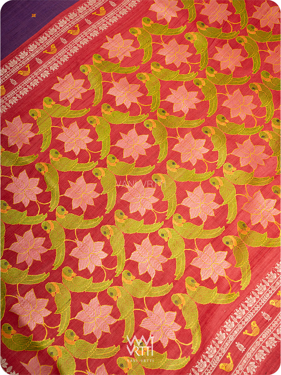Purple Red Lotus Parrot Jaal Designer Exclusive Handspun Handwoven Tussar Silk Saree