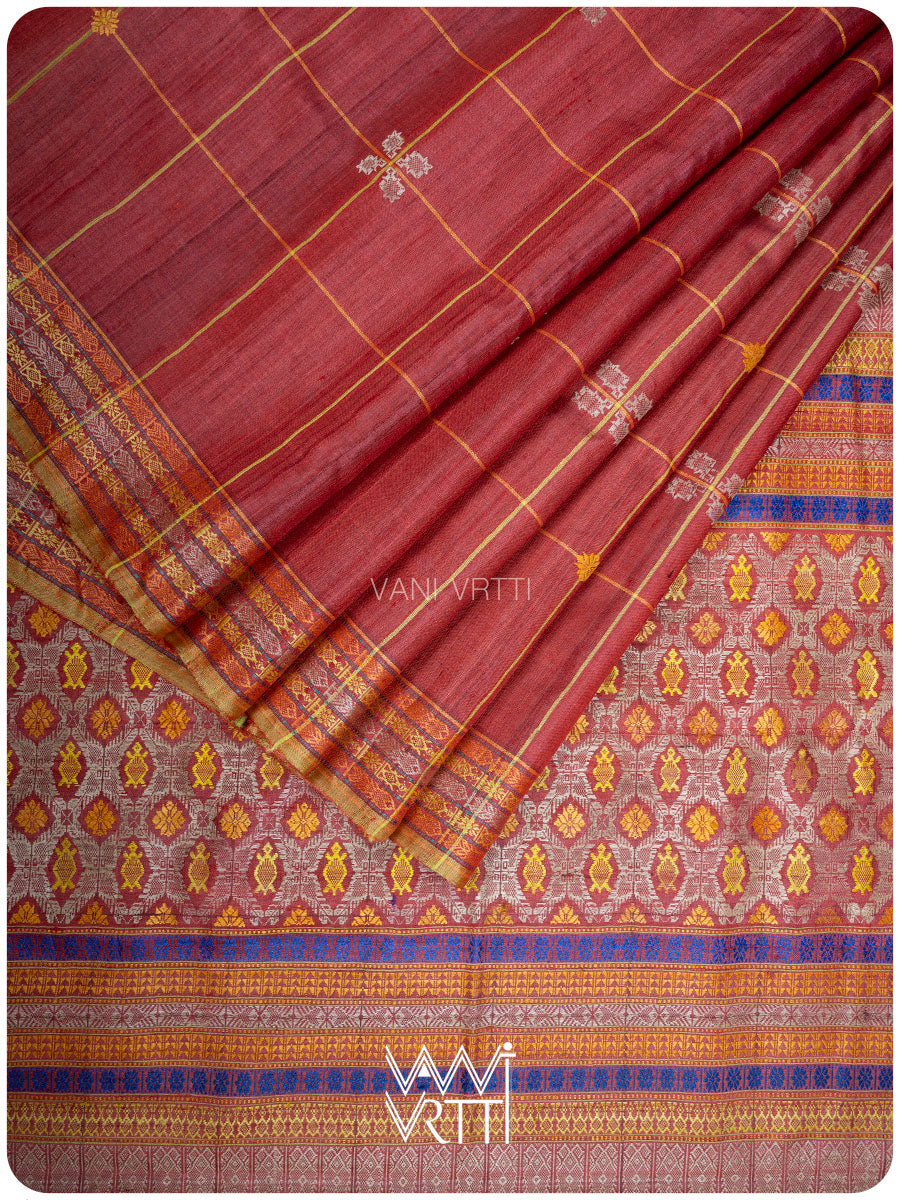 Ruby Red Matsya Kachhap Handspun Tussar Silk Saree