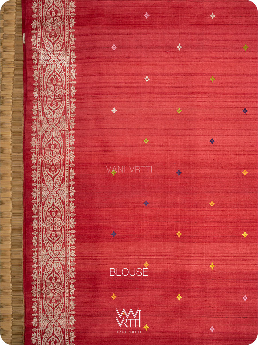 Purple Red Lotus Parrot Jaal Designer Exclusive Handspun Handwoven Tussar Silk Saree