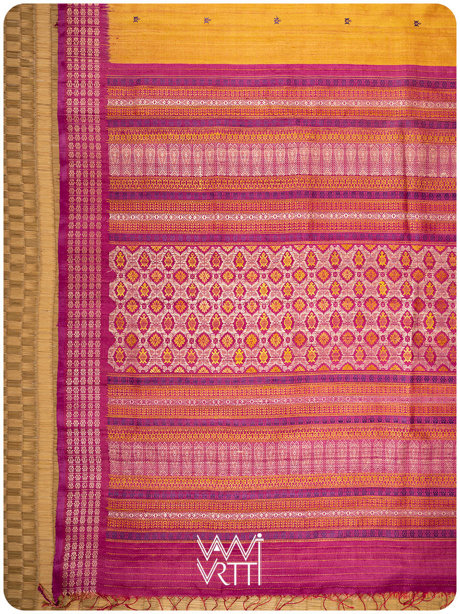 Mango Yellow Pink Matsya Kachhap Handspun Tussar Silk Saree