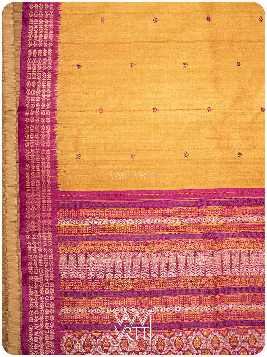 Mango Yellow Pink Matsya Kachhap Handspun Tussar Silk Saree