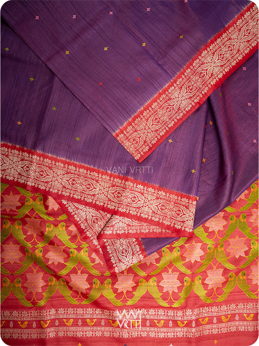 Purple Red Lotus Parrot Jaal Designer Exclusive Handspun Handwoven Tussar Silk Saree