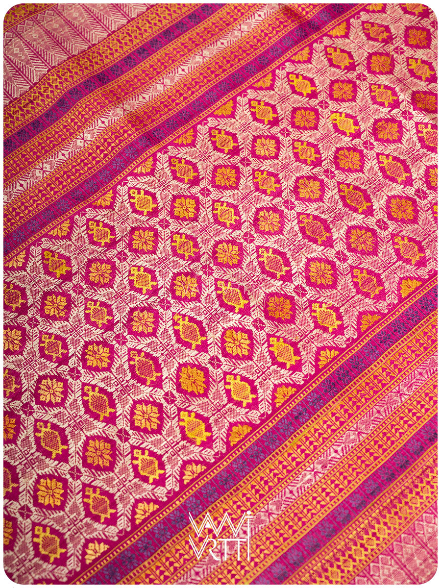 Mango Yellow Pink Matsya Kachhap Handspun Tussar Silk Saree