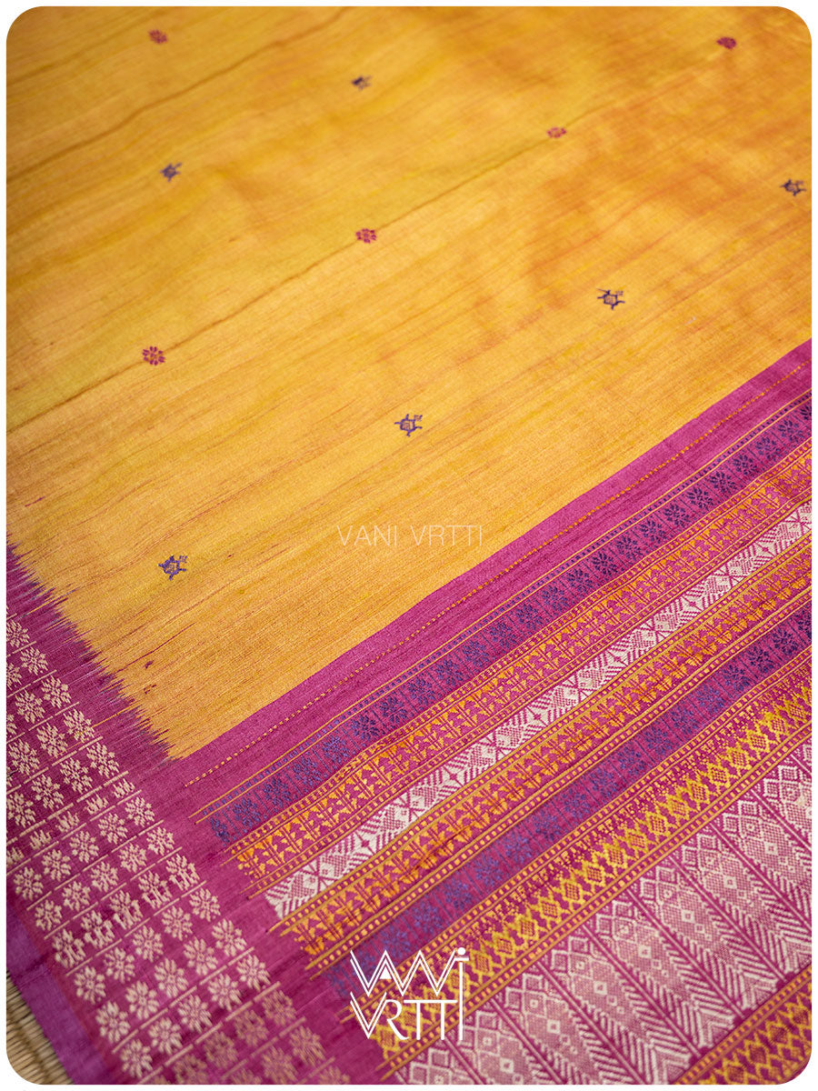 Mango Yellow Pink Matsya Kachhap Handspun Tussar Silk Saree