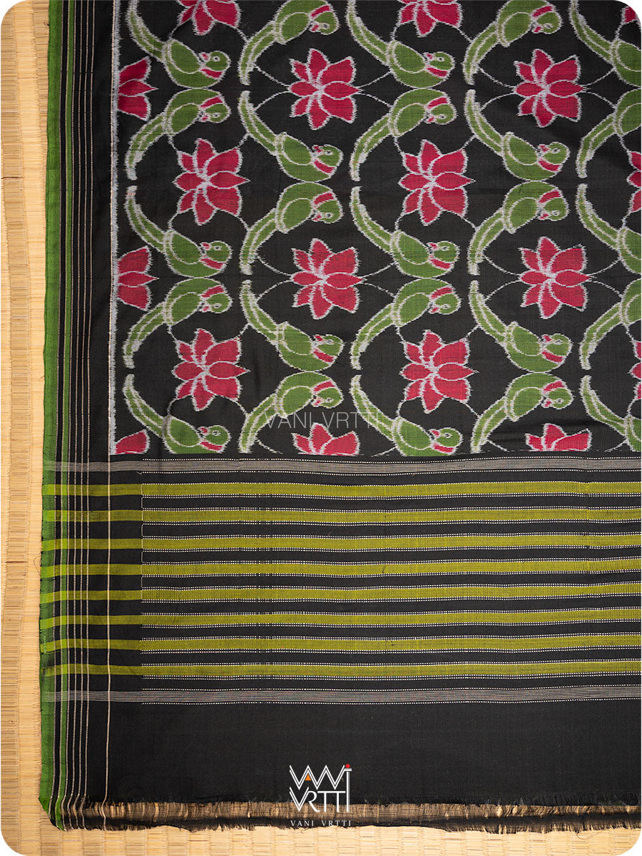 Black Lotus Parrot  Fine Cotton Ikat Sari