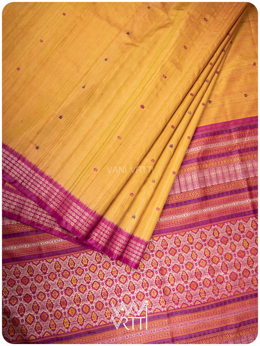 Mango Yellow Pink Matsya Kachhap Handspun Tussar Silk Saree