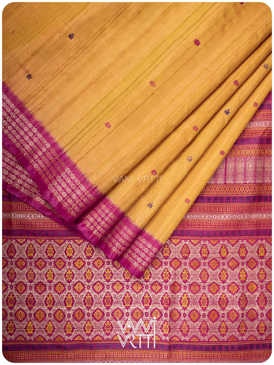 Mango Yellow Pink Matsya Kachhap Handspun Tussar Silk Saree