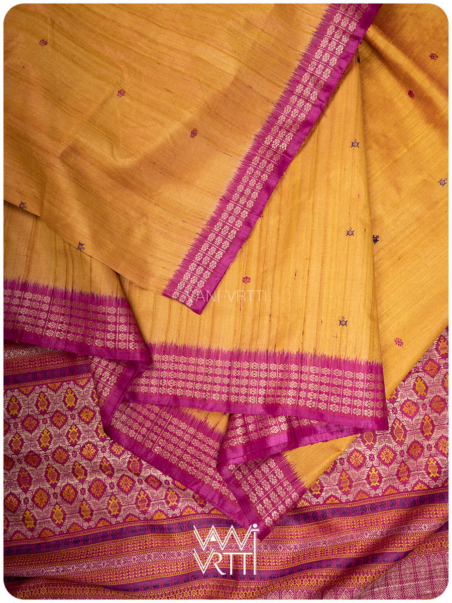 Mango Yellow Pink Matsya Kachhap Handspun Tussar Silk Saree