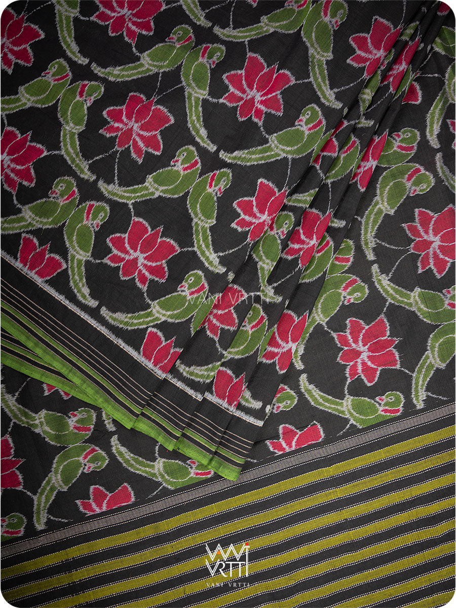 Black Lotus Parrot  Fine Cotton Ikat Sari
