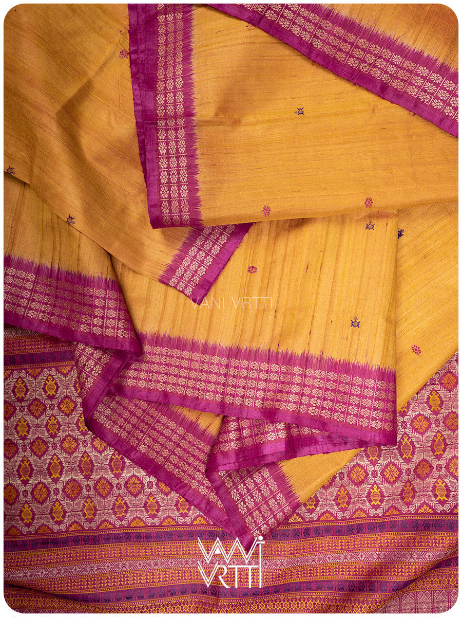 Mango Yellow Pink Matsya Kachhap Handspun Tussar Silk Saree