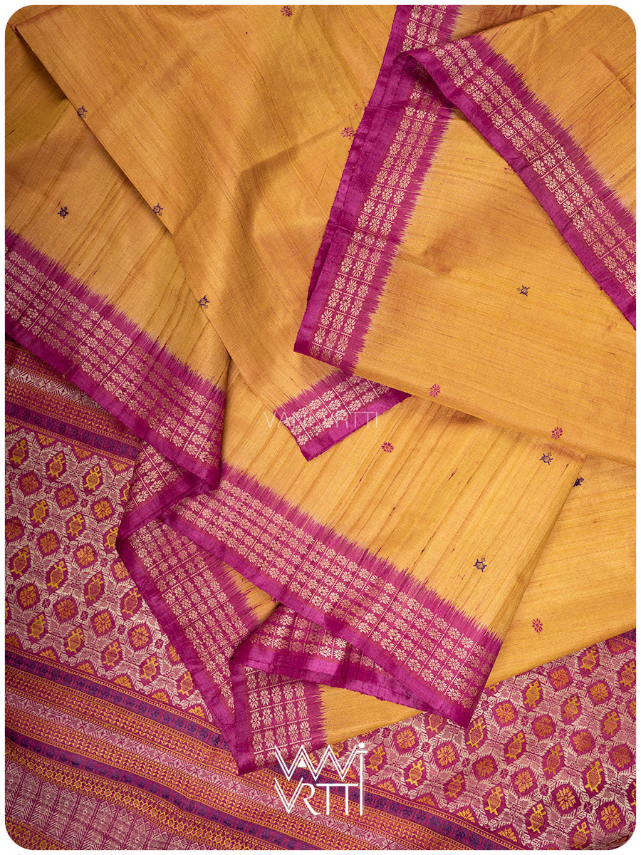 Mango Yellow Pink Matsya Kachhap Handspun Tussar Silk Saree