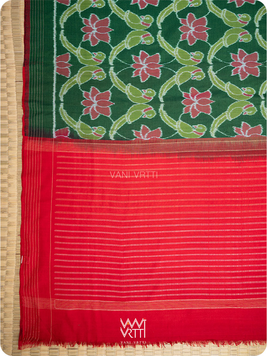 Fern Green Red Lotus Parrot Fine Cotton Ikat Saree