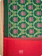 Fern Green Red Lotus Parrot Fine Cotton Ikat Saree