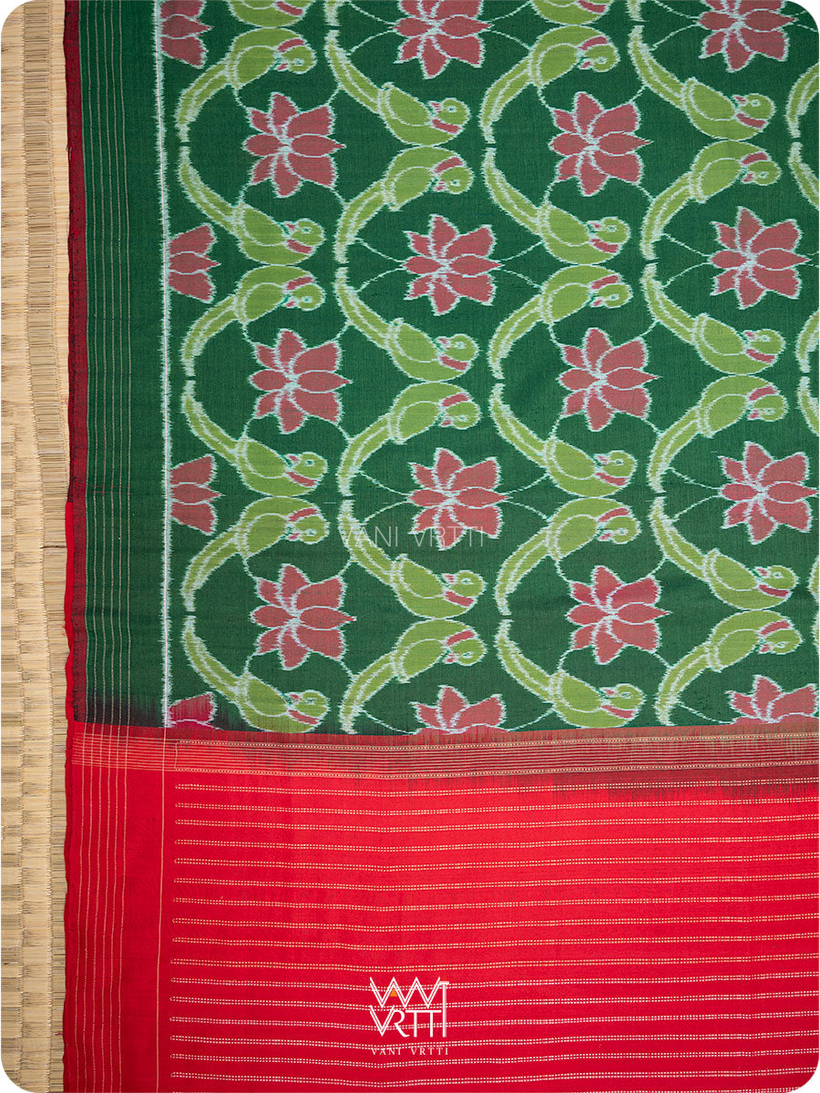 Fern Green Red Lotus Parrot Fine Cotton Ikat Saree