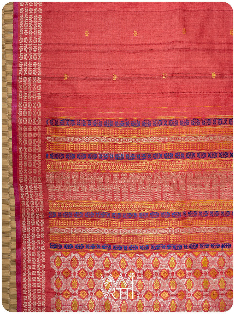 Tomato Red Matsya Kachhap Handspun Tussar Silk Saree