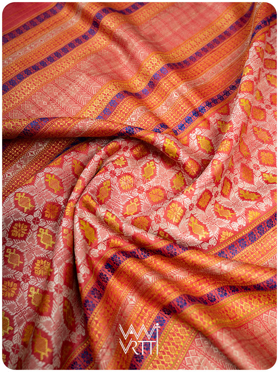 Tomato Red Matsya Kachhap Handspun Tussar Silk Saree