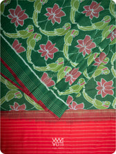 Fern Green Red Lotus Parrot Fine Cotton Ikat Saree
