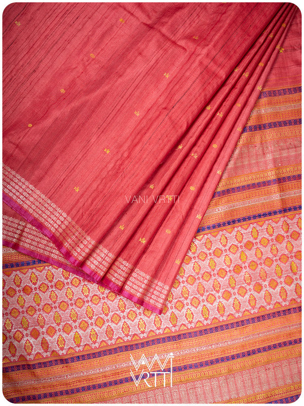 Tomato Red Matsya Kachhap Handspun Tussar Silk Saree