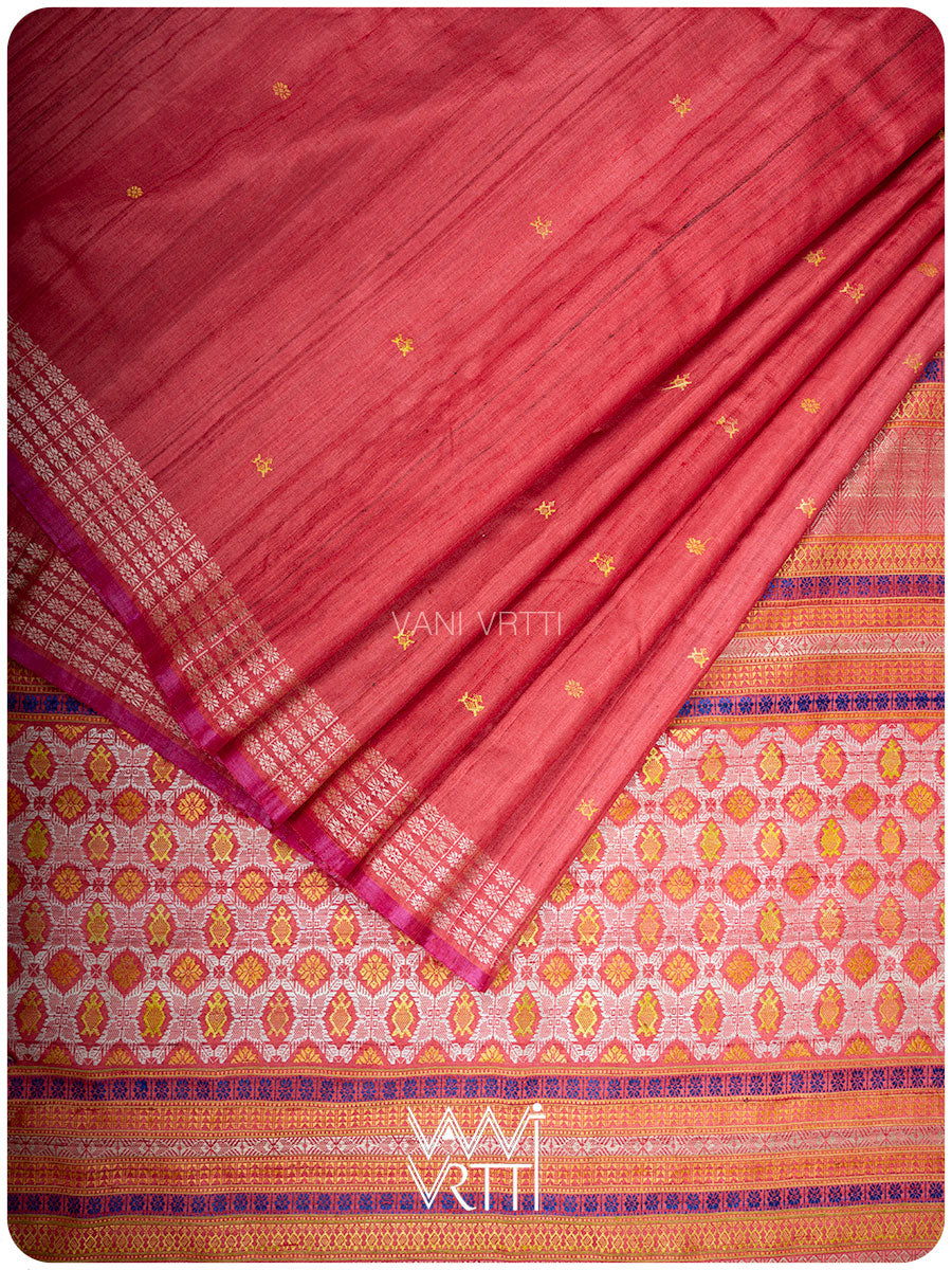 Tomato Red Matsya Kachhap Handspun Tussar Silk Saree