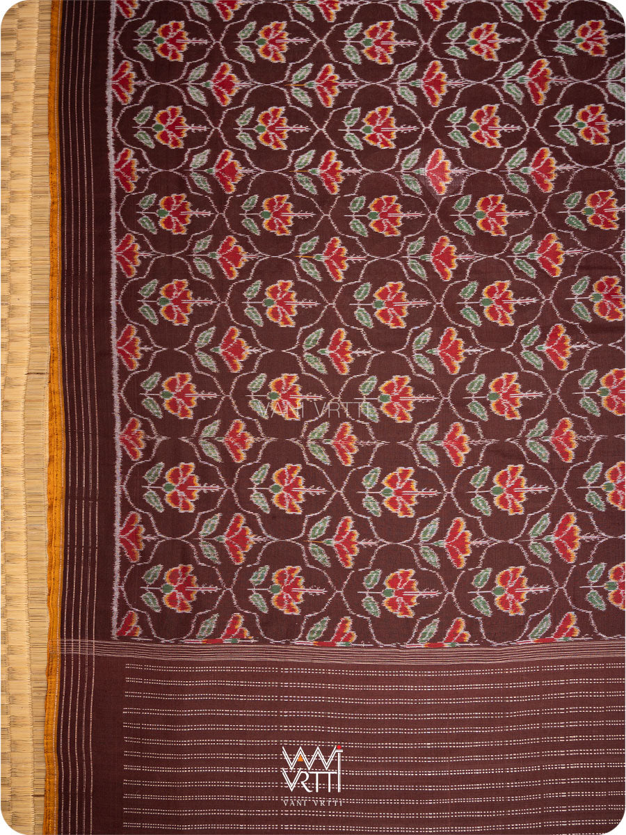 Coffee Laal Jaba Single Ikat Fine Cotton Saree
