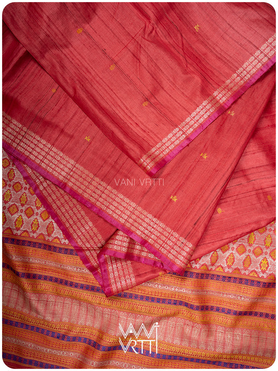 Tomato Red Matsya Kachhap Handspun Tussar Silk Saree