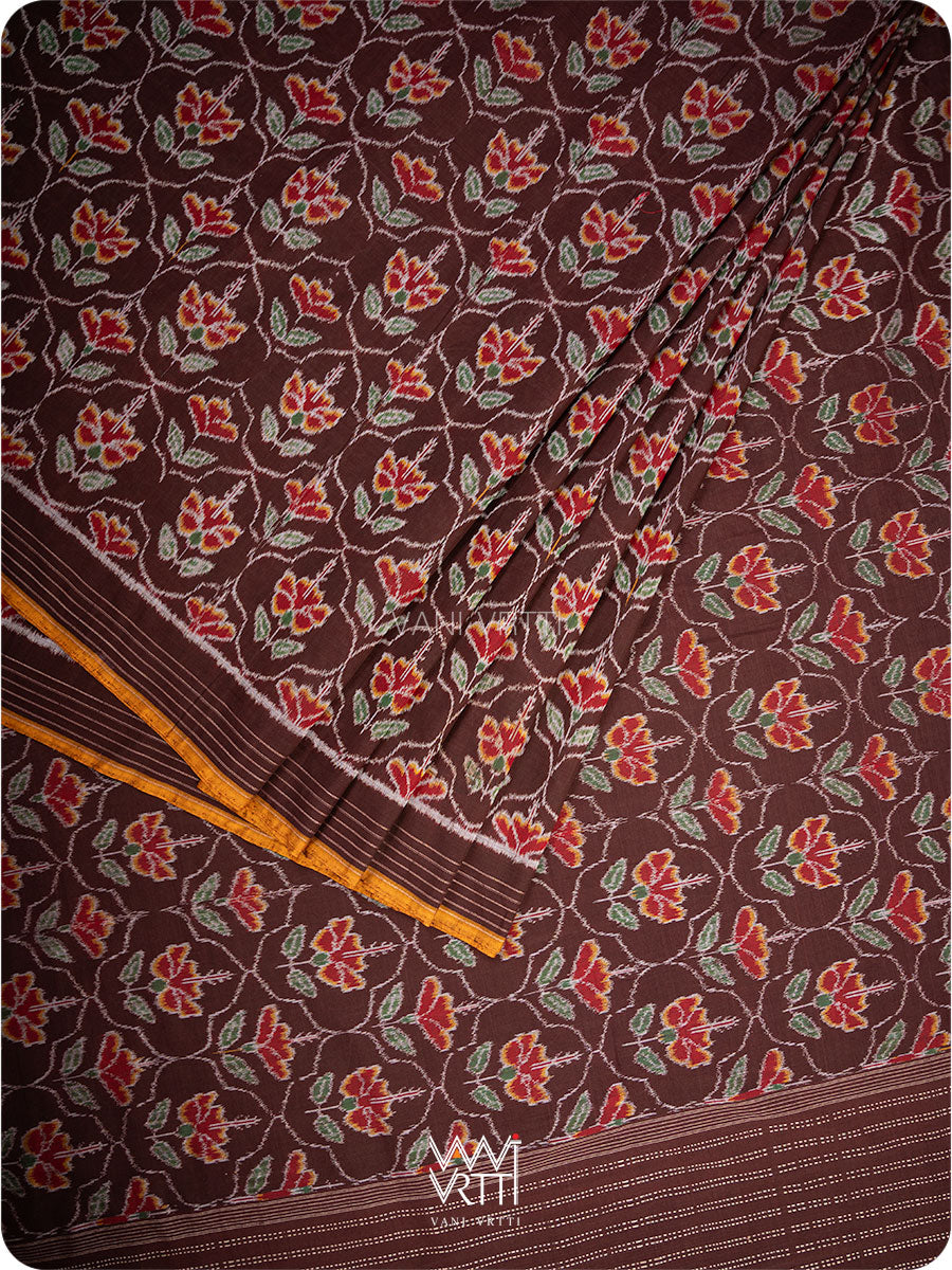 Coffee Laal Jaba Single Ikat Fine Cotton Saree