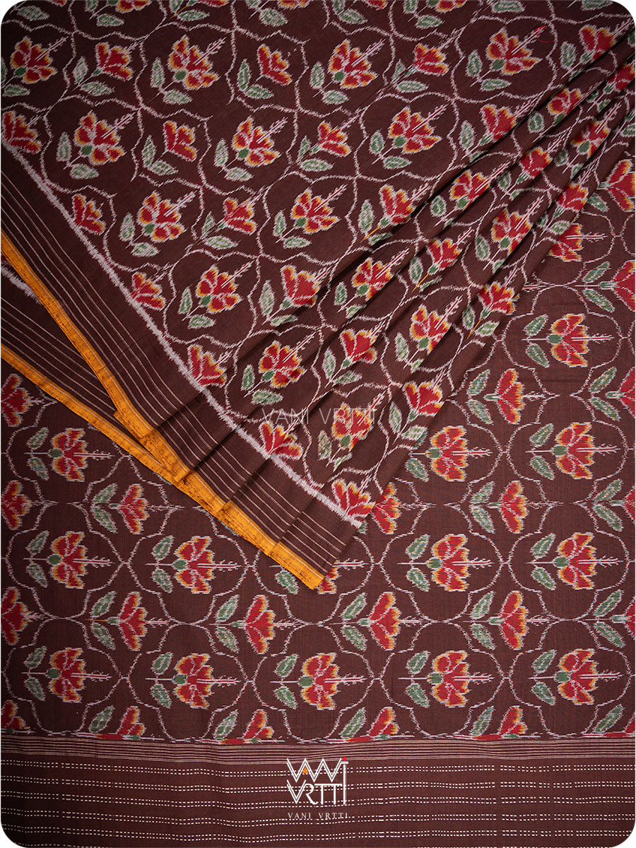 Coffee Laal Jaba Single Ikat Fine Cotton Saree
