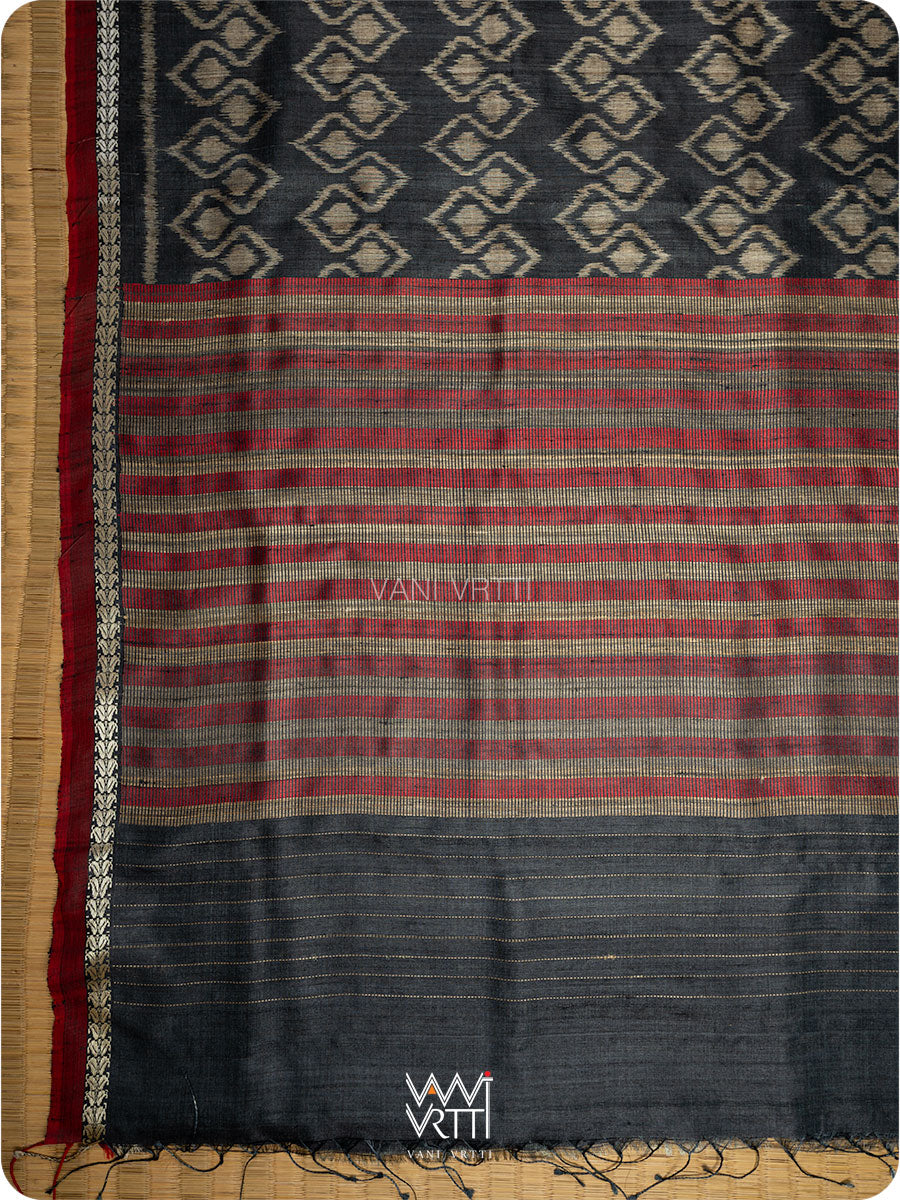 Black Santati Ikat Handspun Tussar Silk Saree