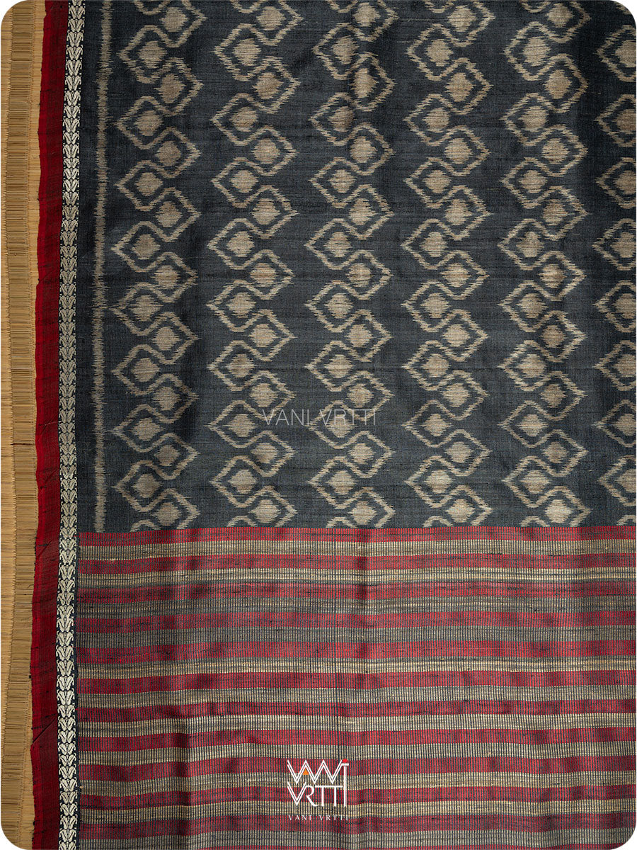 Black Santati Ikat Handspun Tussar Silk Saree