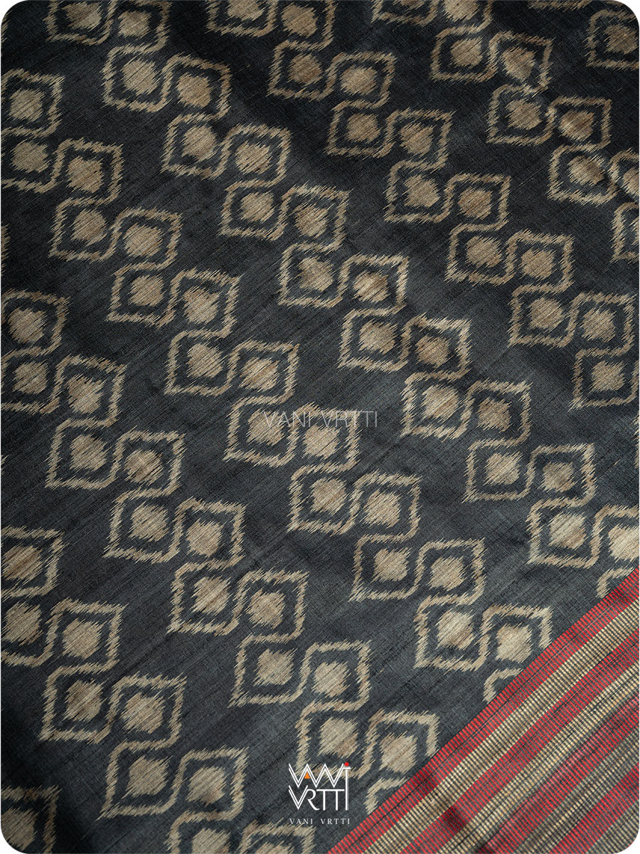 Black Santati Ikat Handspun Tussar Silk Saree