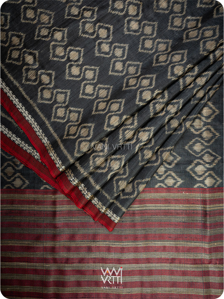 Black Santati Ikat Handspun Tussar Silk Saree
