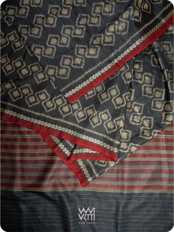 Black Santati Ikat Handspun Tussar Silk Saree