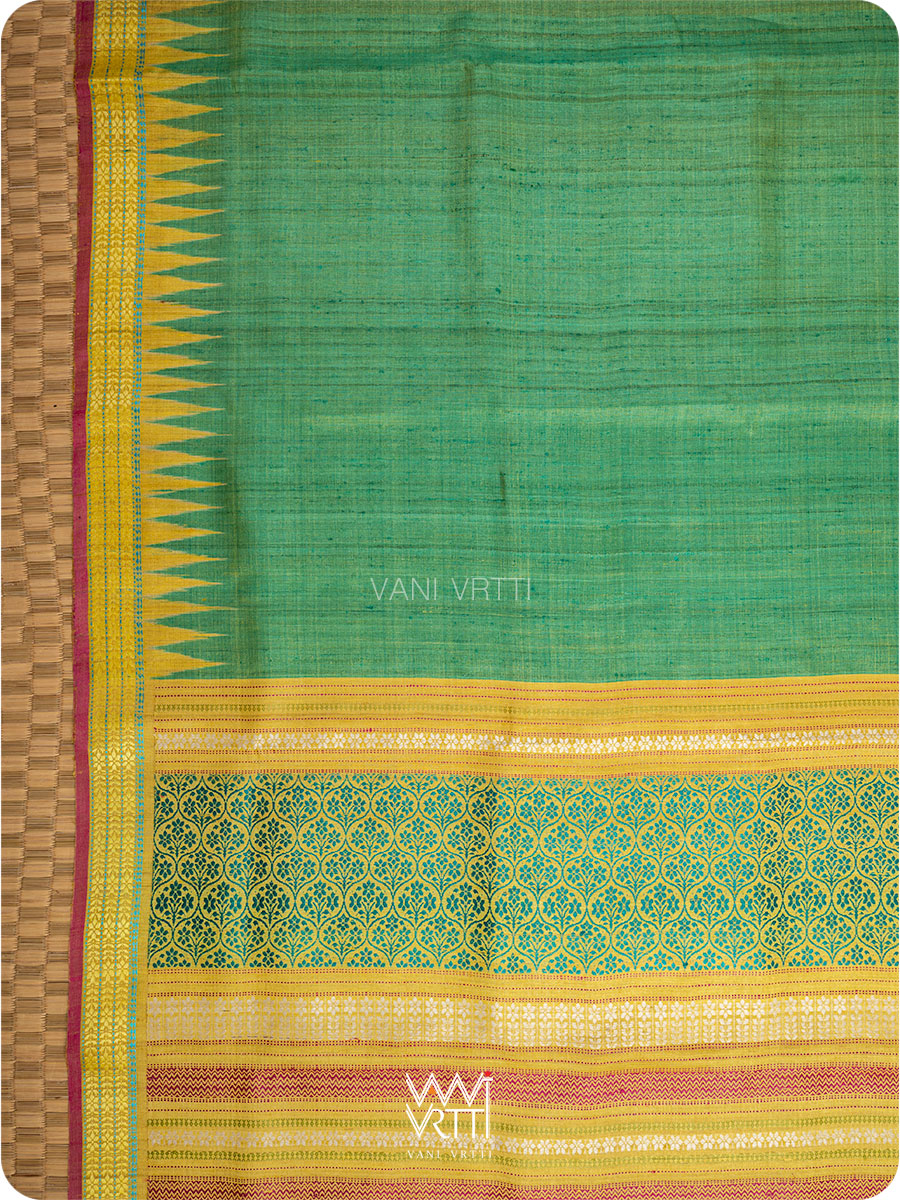 Light Teal Green Parijat Handspun Tussar Silk Saree