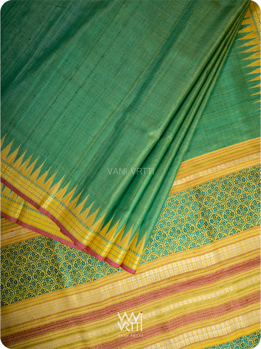 Light Teal Green Parijat Handspun Tussar Silk Saree