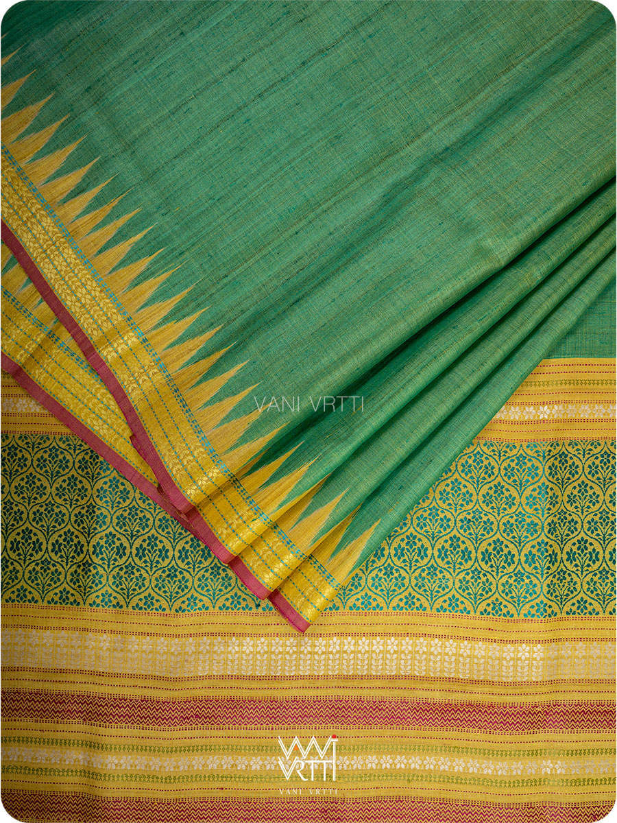 Light Teal Green Parijat Handspun Tussar Silk Saree
