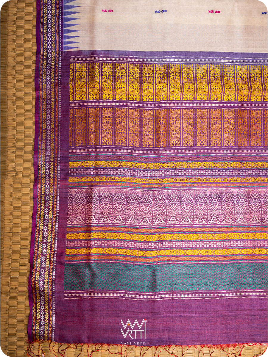 Off White Cream Pink Purple Ganga Jamuna Ananta Handspun Tussar Silk Saree