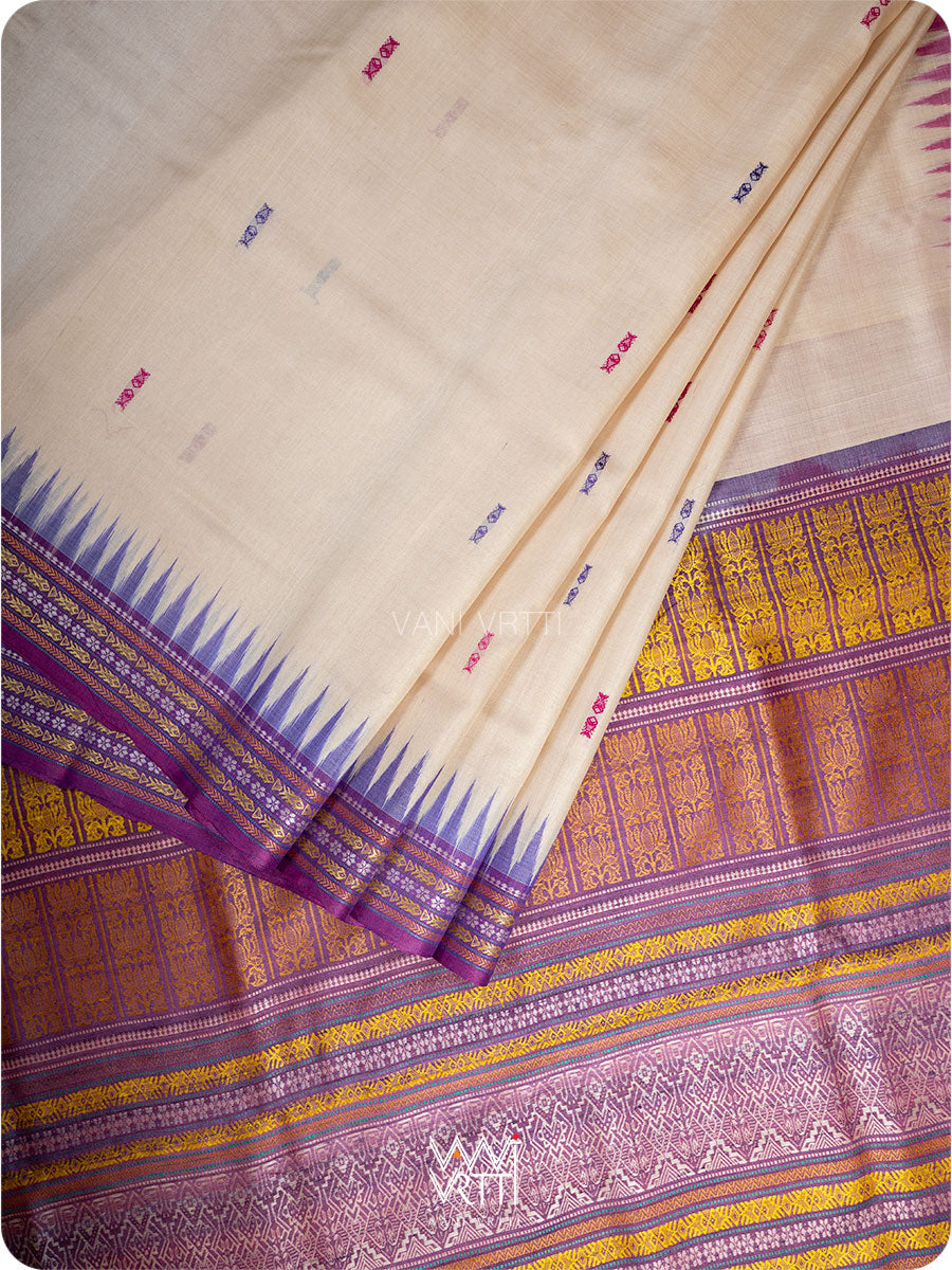 Off White Cream Pink Purple Ganga Jamuna Ananta Handspun Tussar Silk Saree