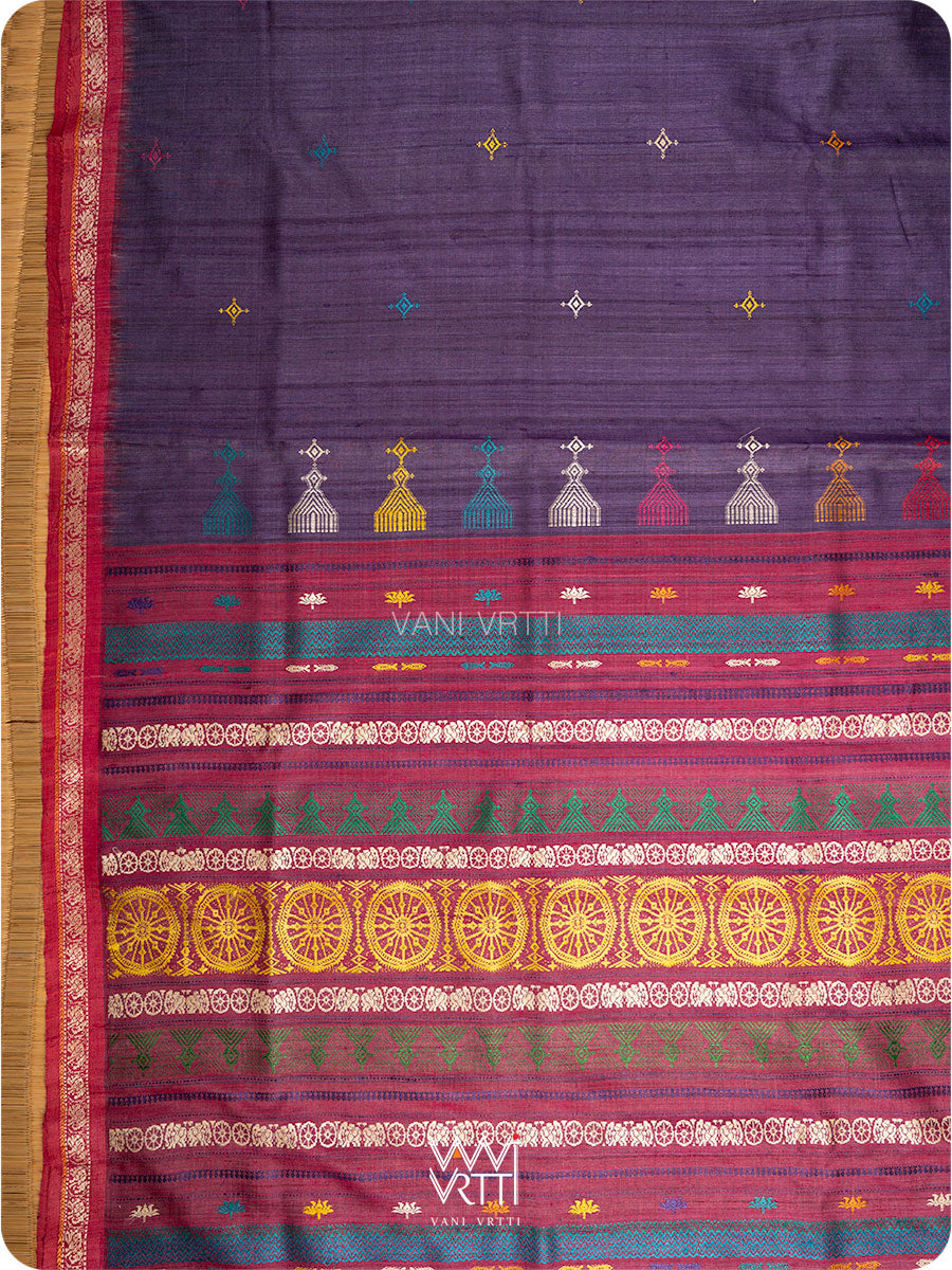 Body and palla of deep purple Konark saree with lotus flowers handwoven across palla